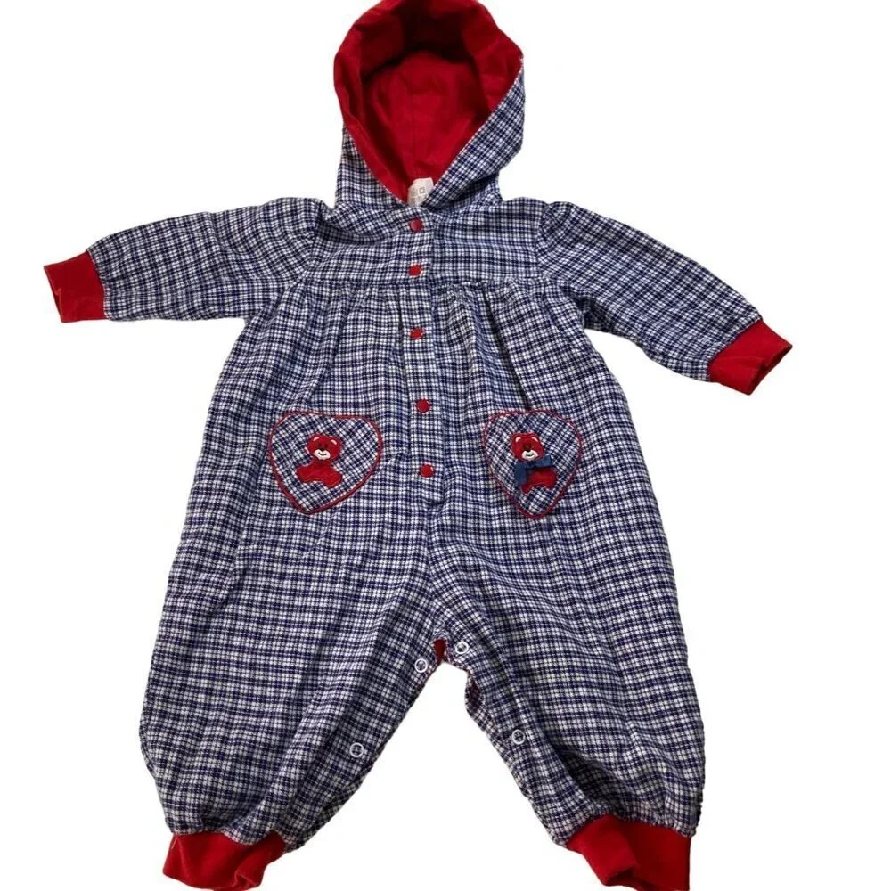 Infants Vintage Hooded‎ Plaid Coverall Bear Blue White Red Cotton 6 - 9mos